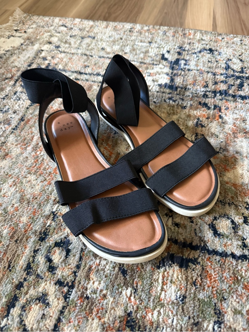a new day Black Elastic Strap Sandals with Tan Footbed